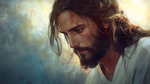 Sorrowful bearded man in robe gazes downward in soft light