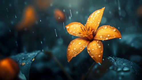 Golden Flower With Raindrops in Stormy Atmosphere