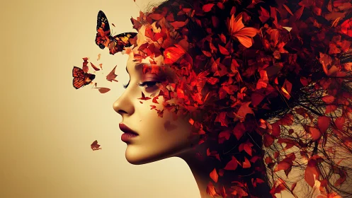 Side profile portrait integrates red leaves and butterflies