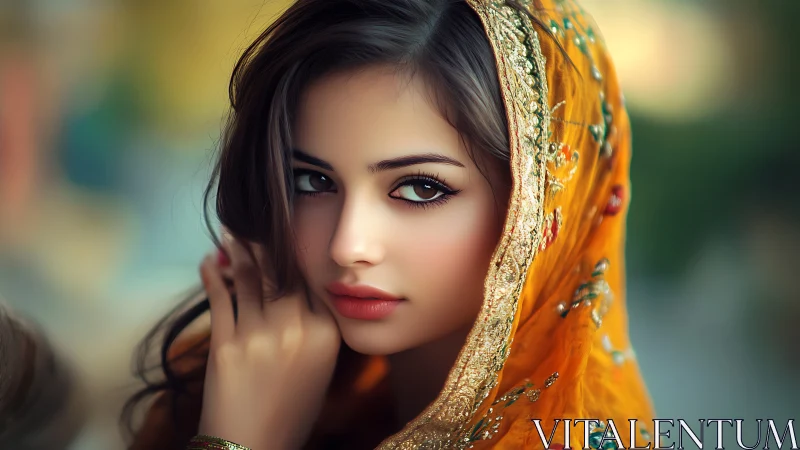 Elegant woman in golden embroidered shawl, soft portrait style.