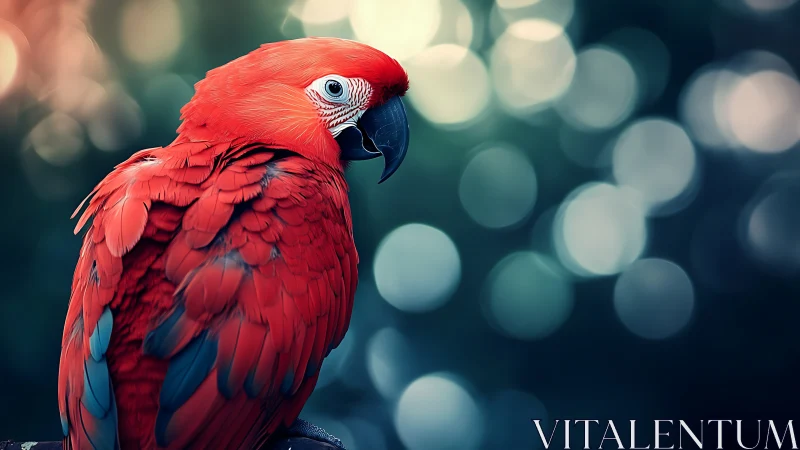 Vibrant Red Parrot Portrait with Soft Bokeh Background.
