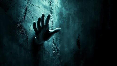 Ghostly hand reaches through cracked wall in eerie light.