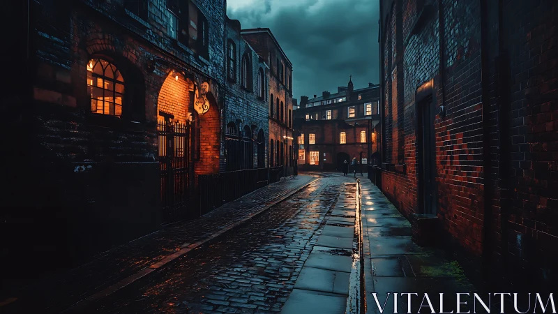Wet cobblestone alley reflects warm window lights at dusk