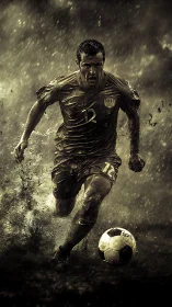 Soccer player sprinting through rain on muddy pitch.