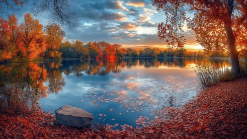 Autumn foliage surrounding reflective lake at sunset time.