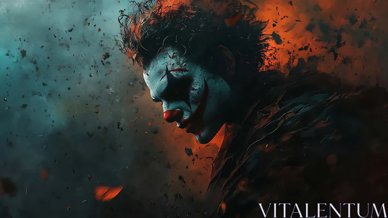 Moody clown portrait in swirling red and teal haze.