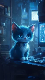 Blue cyberpunk kitten studies glowing code in a neon lab