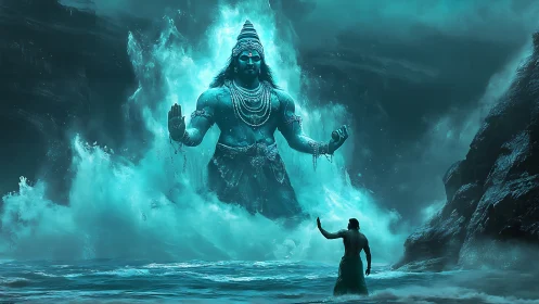 Mythic sea god rising from storm waves before lone figure.