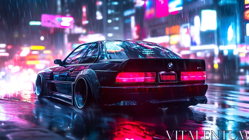 Modified coupe is stationary on wet neon lit urban street