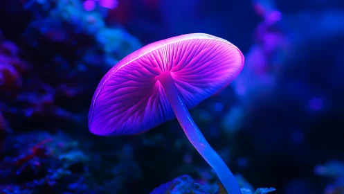Glowing neon mushroom casting soft light in dreamy blues.