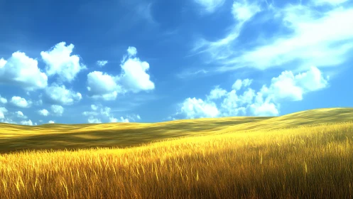 Sunlit wheatfield under cumulus sky with rolling golden ridges