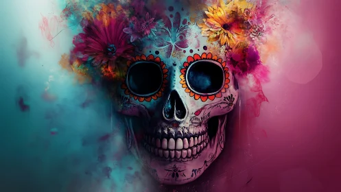 Floral sugar skull blooming through electric nebula mist.