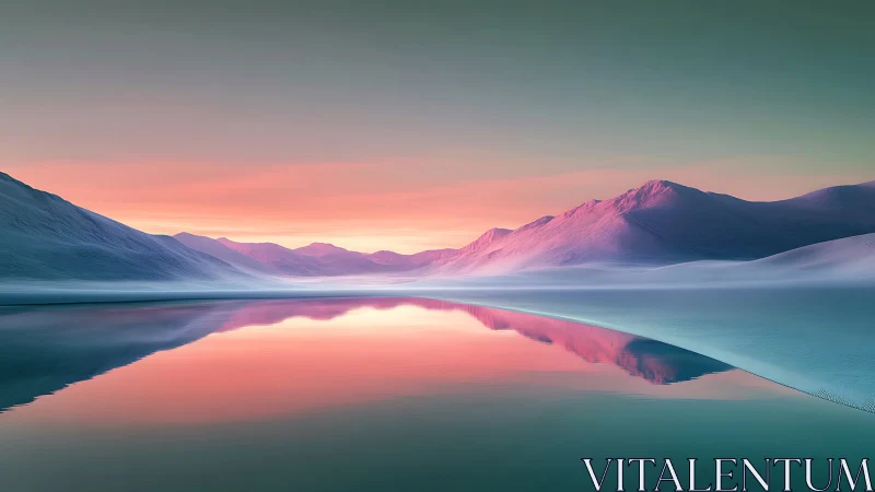 Serene pastel mountains mirrored on still reflective lake.