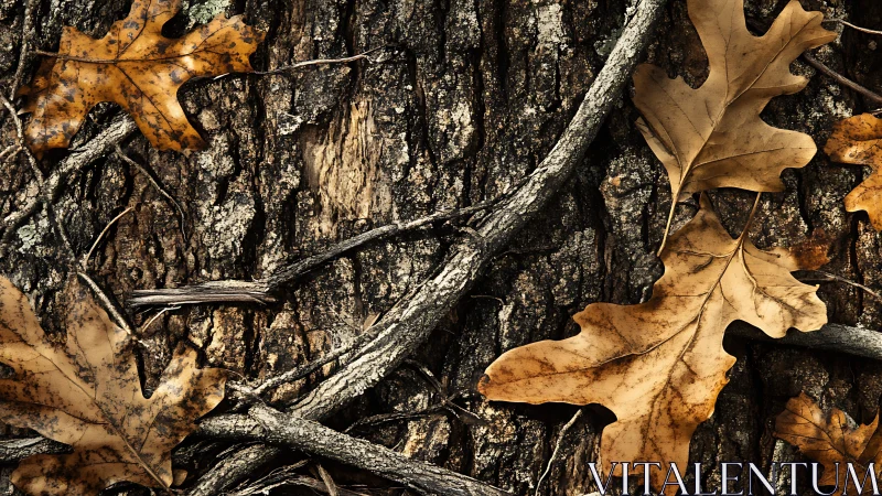 Golden oak leaves resting softly on rugged tree bark.