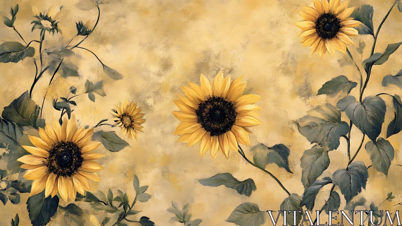 Sunflower stems against softly textured yellow backdrop.