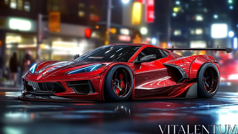 Widebody red supercar rendering on wet neon city street at night
