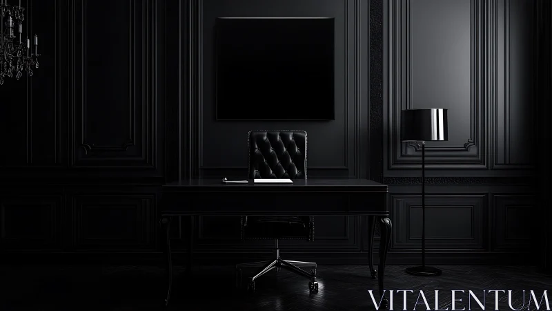 Moody black home office wrapped in quiet luxury and calm.