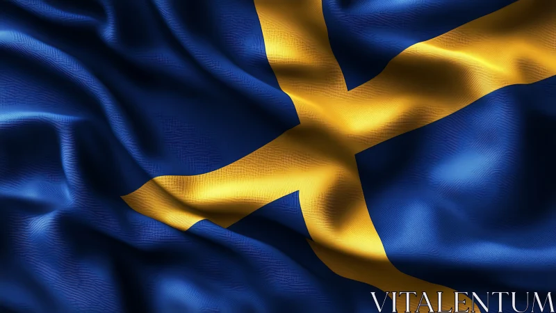 Flowing Swedish flag in rich blue and golden light.
