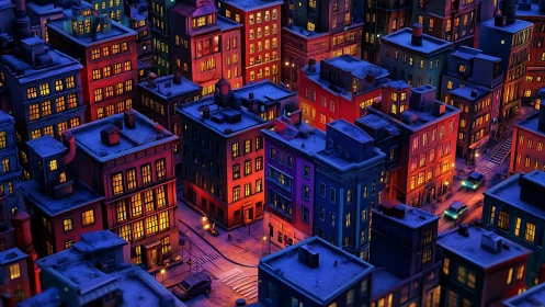 Snow-dusted night city block with illuminated windows.