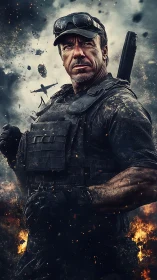 Battle-hardened soldier stands defiant amid airborne chaos