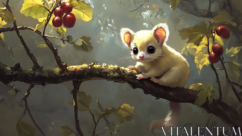 Tiny cream dormouse watches curiously from a sunlit branch