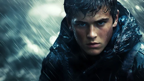 Determined wet teenager faces storm under blue raincoat