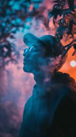 Moody neon portrait in smoke with vivid teal orange glow.