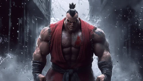 Muscular martial artist in tattered red gi on urban street.