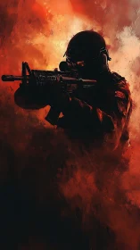 Tactical operator silhouette with carbine amid fiery smoke field