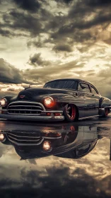 Low-slung classic prowls stormy asphalt with mirror twin