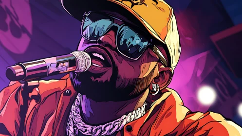 Rap vocalist performs under neon stage lights in profile