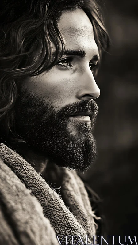 Monochrome side-profile portrait with textured robe detailing.