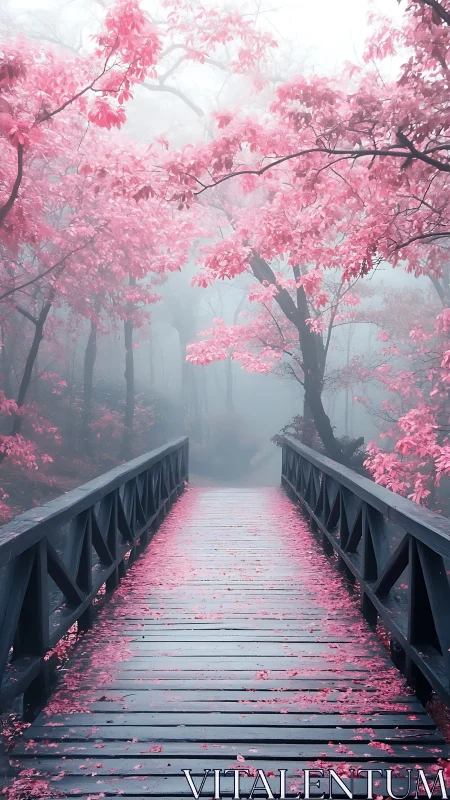 Wooden bridge in foggy forest with dense pink foliage.
