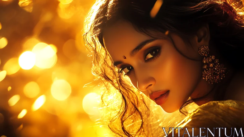 Golden portrait captures intense gaze in radiant bokeh glow.