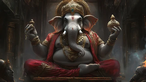 Digital Ganesh deity in ornate temple, luminous red robes.