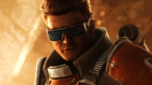 Battle-hardened space soldier gazes ahead in molten light