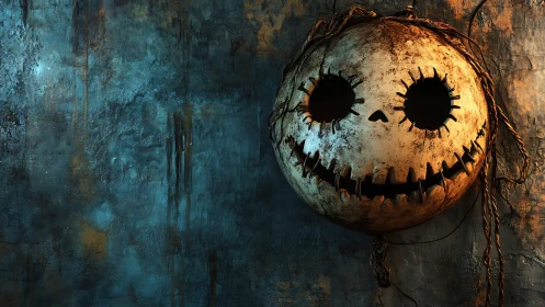 Corroded pumpkin mask on textured concrete wall, side lit