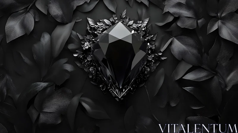 Faceted black crystal rendered against high contrast matte foliage