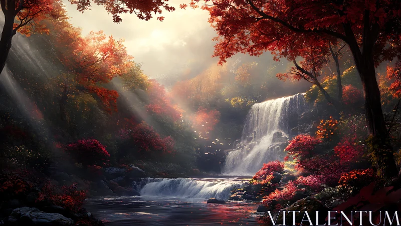 Autumn Waterfall Forest: Cascading Waters in Crimson Foliage.