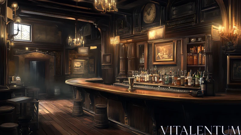 Victorian mahogany whisky bar interior with warm rim lighting