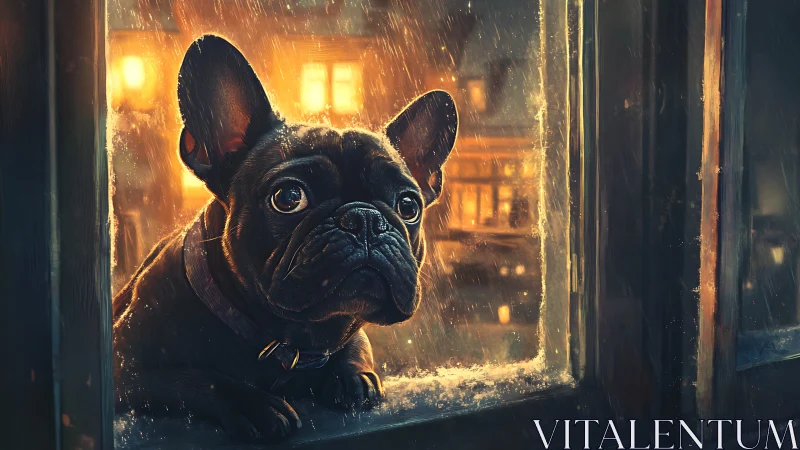 Gentle-eyed French bulldog watches a rainy city night glow