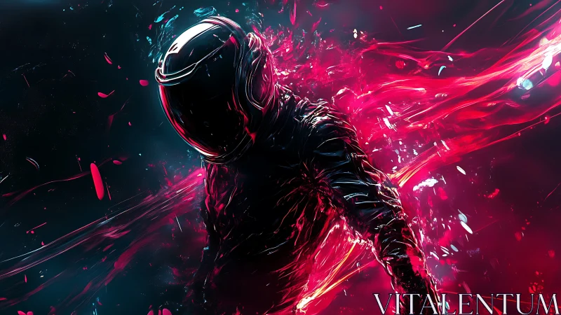 Figure in reflective suit stands amid flowing red fragments