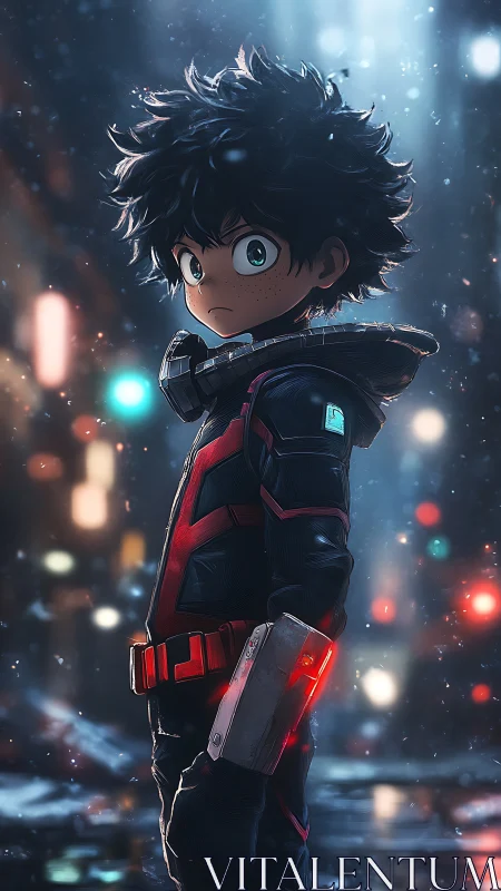 Young anime hero in futuristic suit on wet city street.