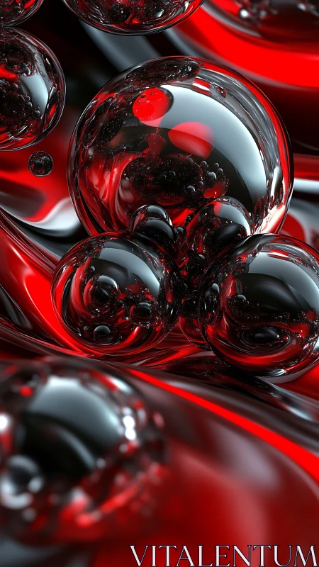 Crimson chrome spheres drifting through liquid metal dreamscape.