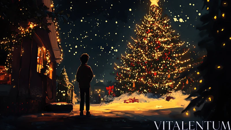 Nighttime child observing illuminated outdoor Christmas tree scene