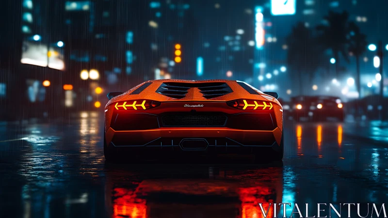 Orange sports car on wet city street at night in rain.