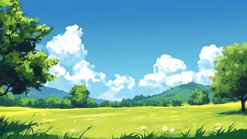 Vibrant summer meadow under cumulus clouds and distant hills