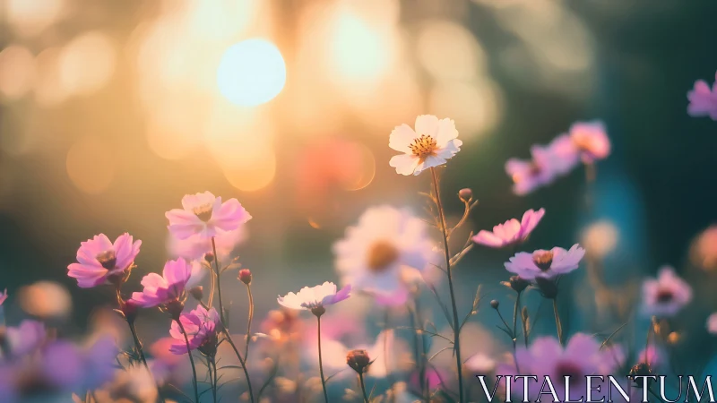 Shallow Depth of Field Captures Soft-Focus Cosmos Flowers in Golden Backlit Setting