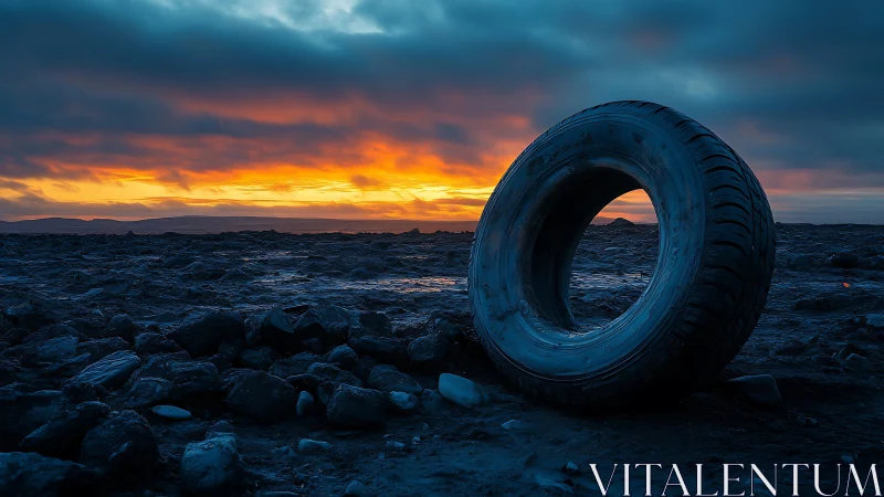 Solitary tire in vivid coastal sunset landscape scene.