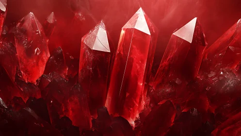 High-detail red quartz crystal cluster with volumetric lighting